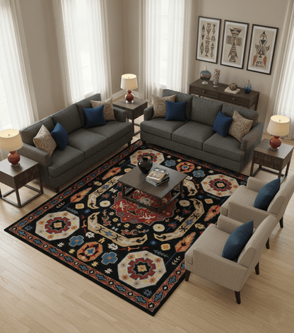 Custom Made Colorful Black, Maroon and Beige Traditional Mamluk Design wool Rug.
