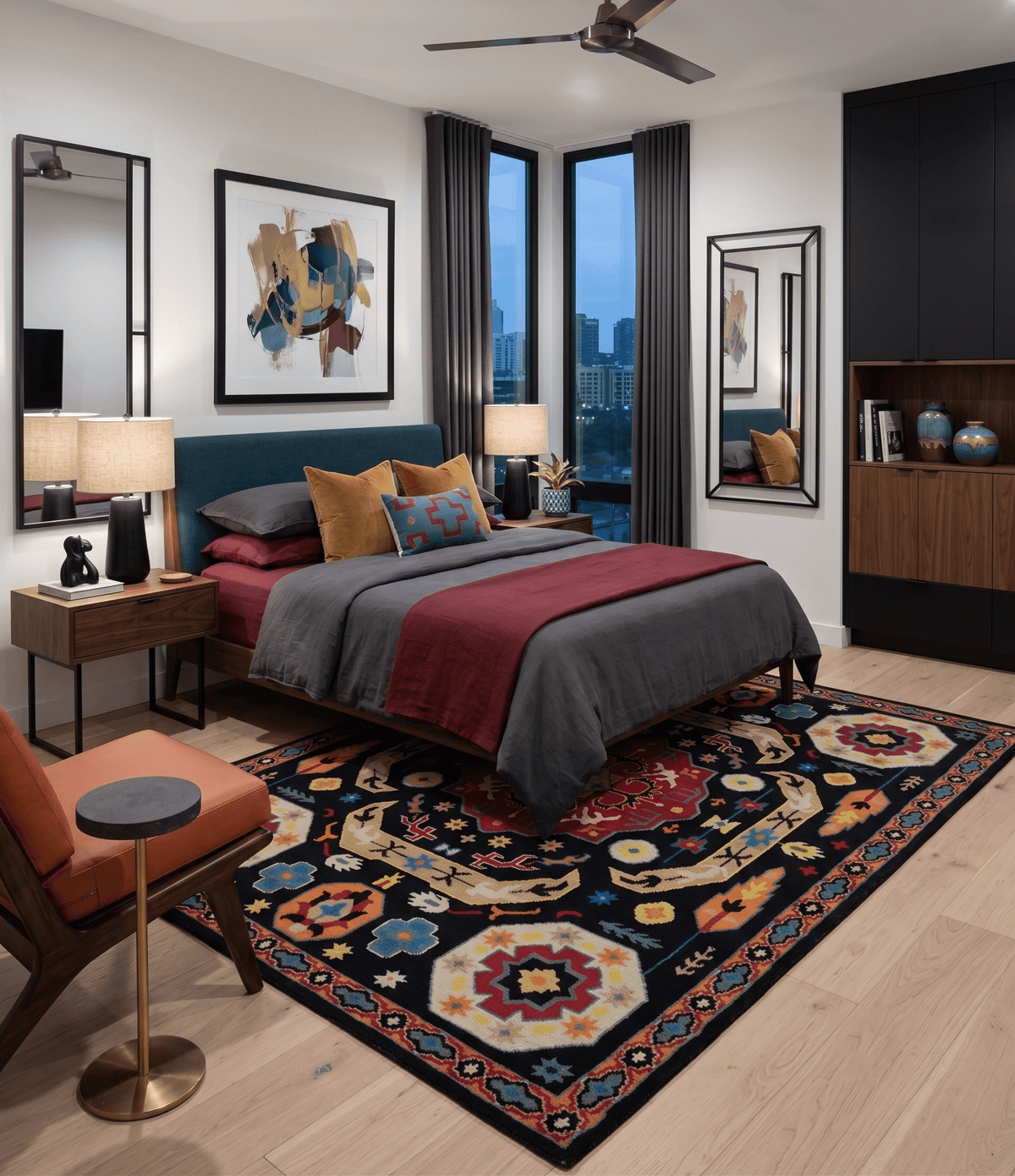 Custom Made Colorful Black, Maroon and Beige Traditional Mamluk Design wool Rug.