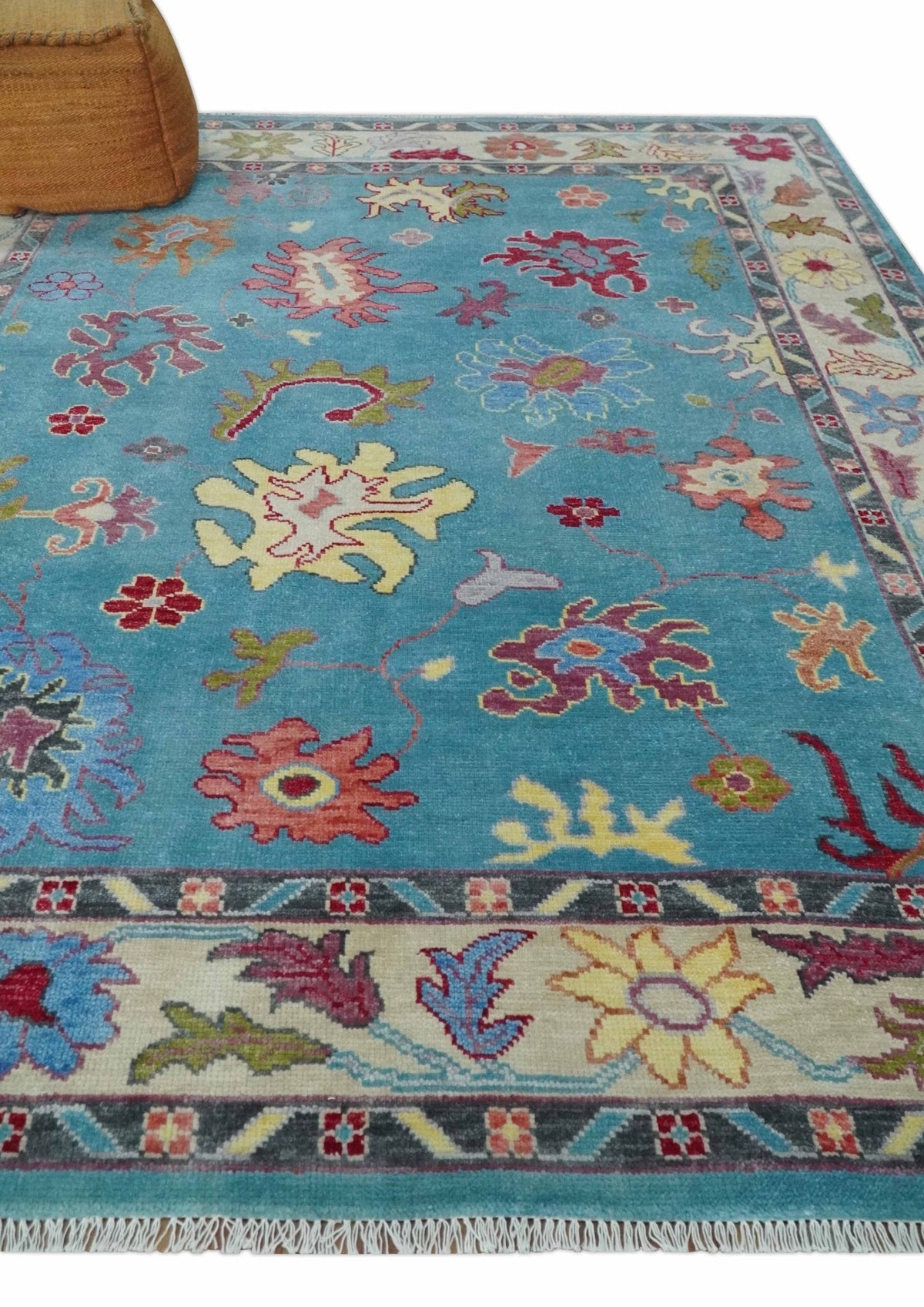 Custom Made Colorful Blue and Beige Hand knotted Traditional Oushak wool Area Rug.