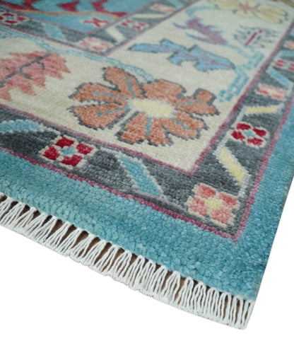Custom Made Colorful Blue and Beige Hand knotted Traditional Oushak wool Area Rug.
