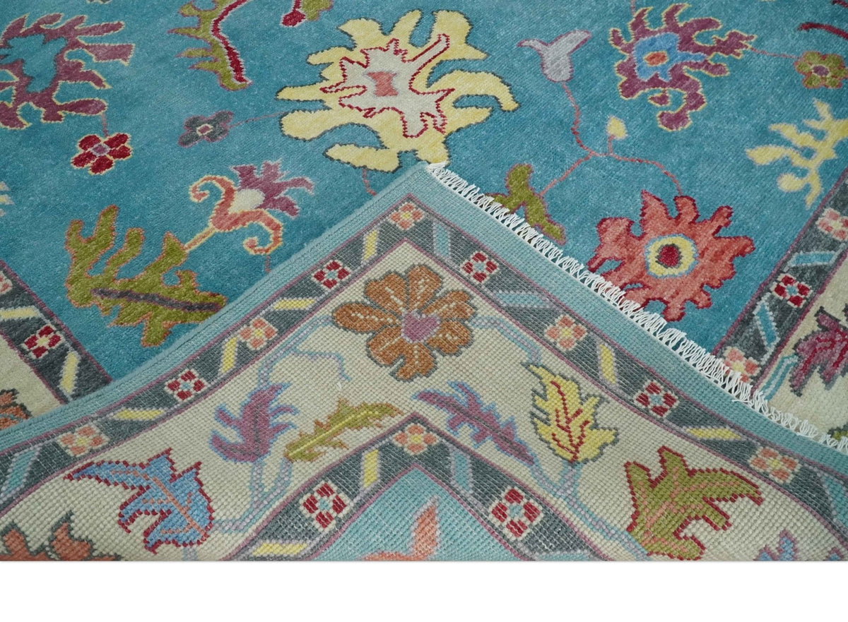 Custom Made Colorful Blue and Beige Hand knotted Traditional Oushak wool Area Rug.