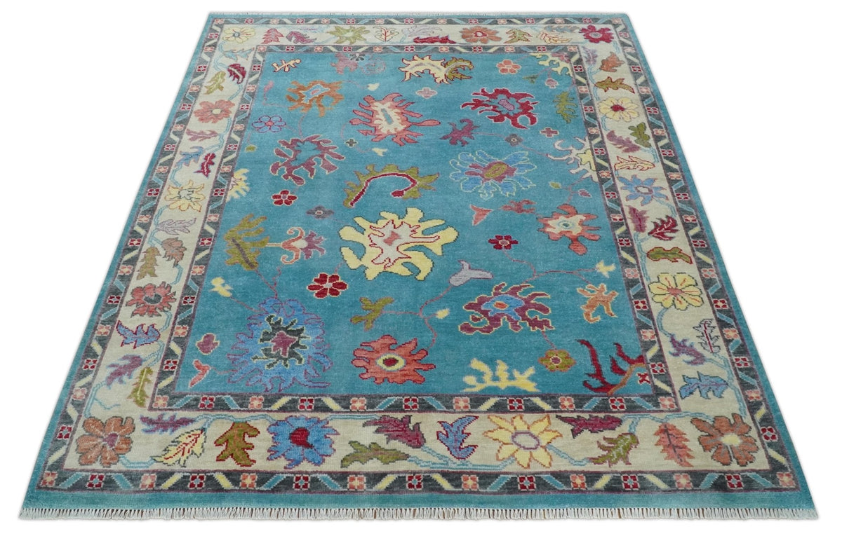 Custom Made Colorful Blue and Beige Hand knotted Traditional Oushak wool Area Rug.