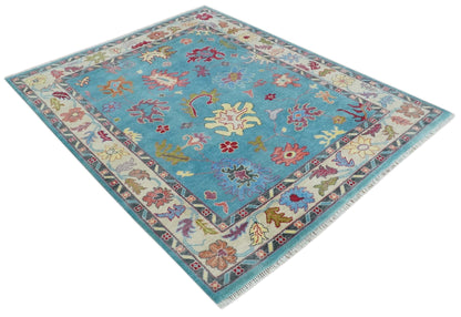 Custom Made Colorful Blue and Beige Hand knotted Traditional Oushak wool Area Rug.