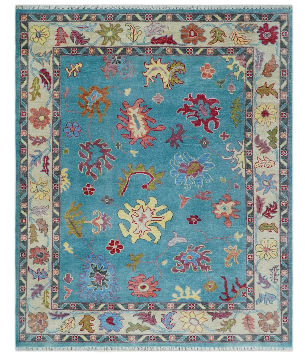 Custom Made Colorful Blue and Beige Hand knotted Traditional Oushak wool Area Rug.