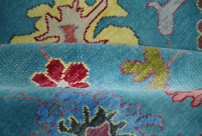 Custom Made Colorful Blue and Beige Hand knotted Traditional Oushak wool Area Rug.