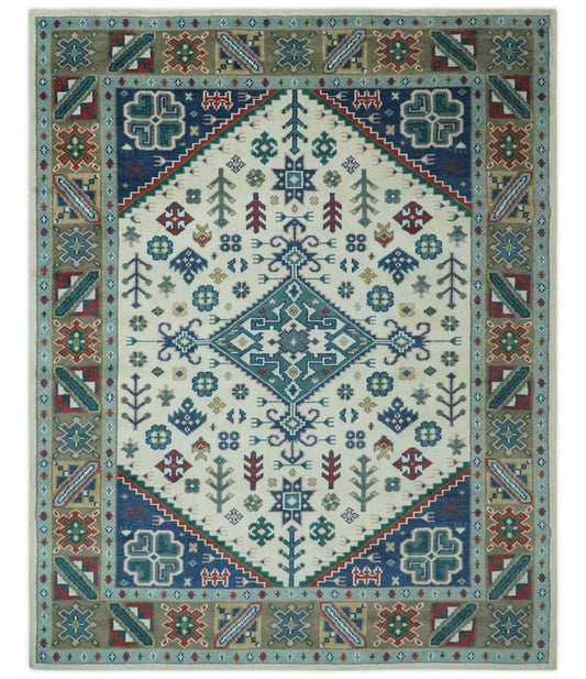 Custom Made Colorful Ivory, Blue, Brown and Teal Hand Knotted Traditional Heriz size wool Area Rug.