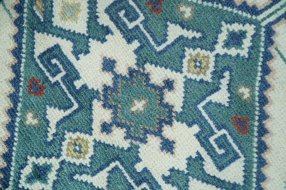 Custom Made Colorful Ivory, Blue, Brown and Teal Hand Knotted Traditional Heriz size wool Area Rug.