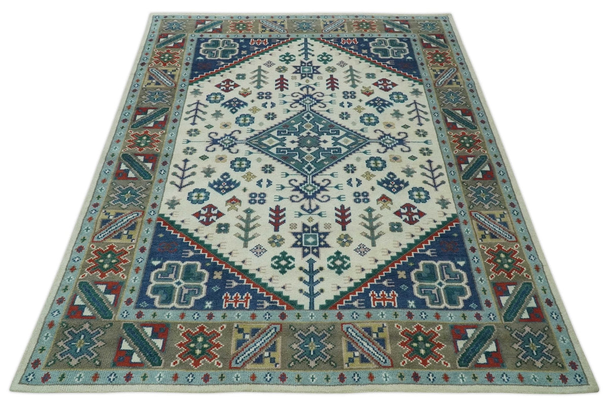 Custom Made Colorful Ivory, Blue, Brown and Teal Hand Knotted Traditional Heriz size wool Area Rug.