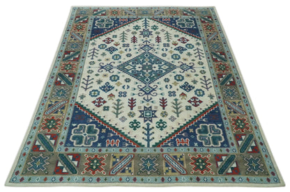 Custom Made Colorful Ivory, Blue, Brown and Teal Hand Knotted Traditional Heriz size wool Area Rug.