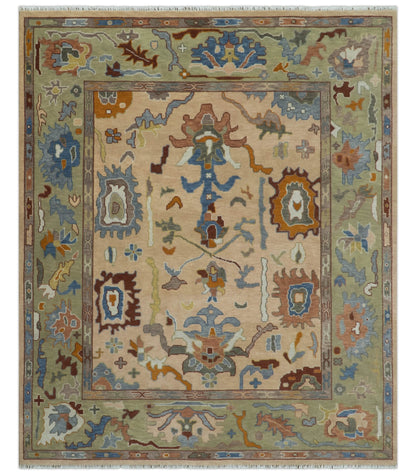 Custom Made Colorful Peach and Green Hand knotted Oushak wool Area Rug.