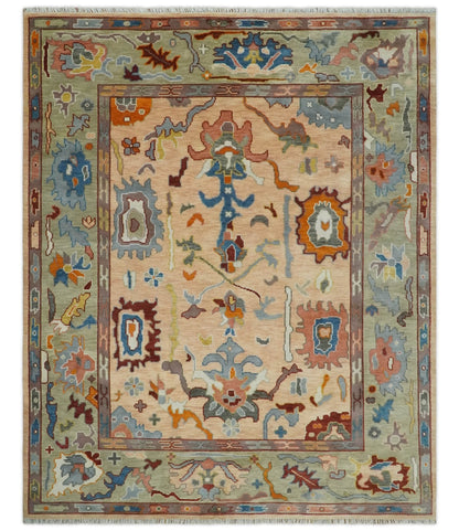 Custom Made Colorful Peach and Green Hand knotted Oushak wool Area Rug.