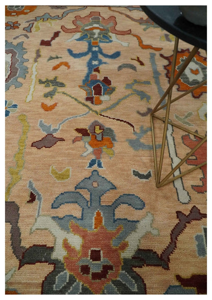 Custom Made Colorful Peach and Green Hand knotted Oushak wool Area Rug.
