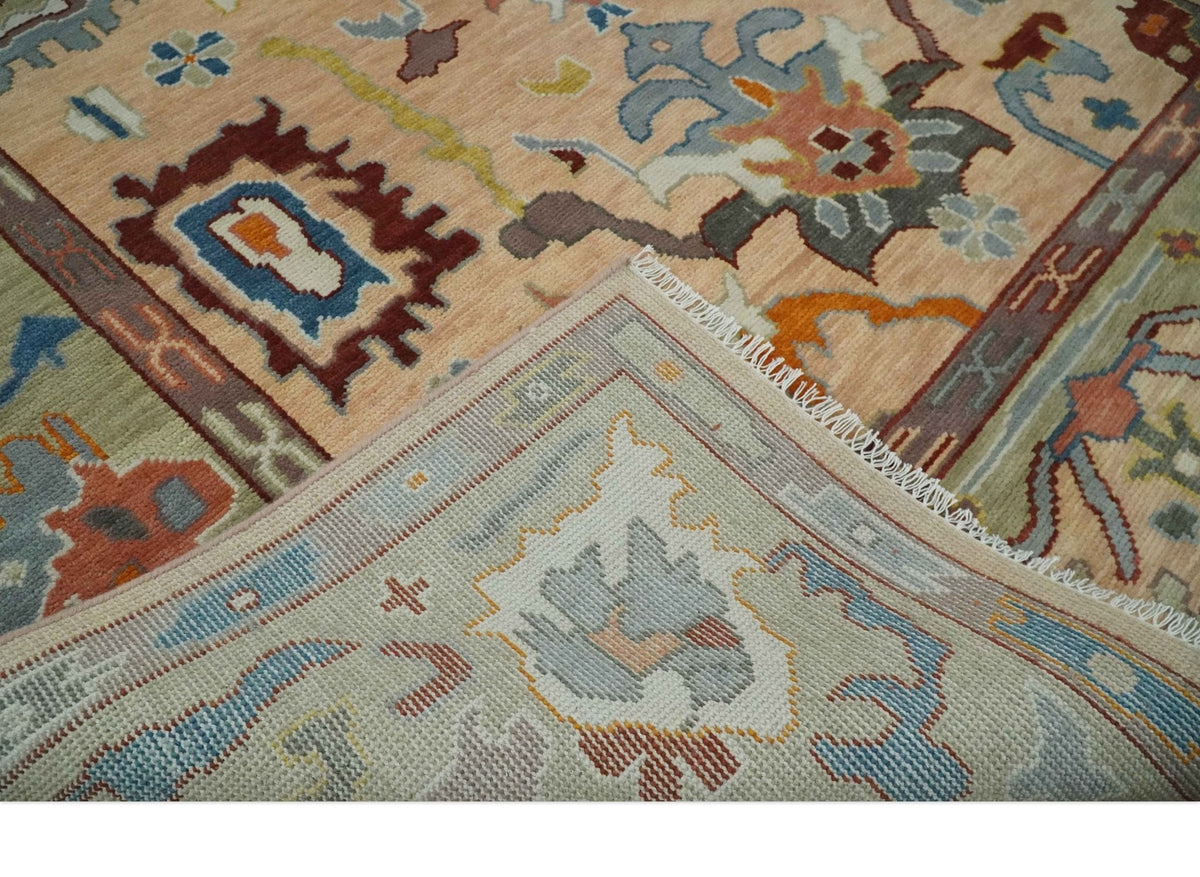 Custom Made Colorful Peach and Green Hand knotted Oushak wool Area Rug.