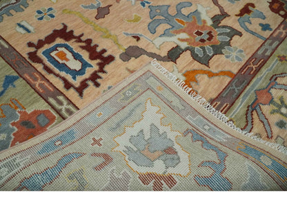 Custom Made Colorful Peach and Green Hand knotted Oushak wool Area Rug.
