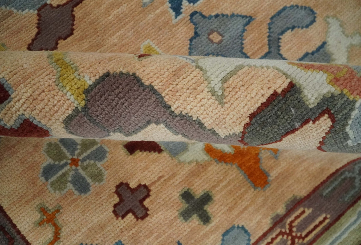 Custom Made Colorful Peach and Green Hand knotted Oushak wool Area Rug.