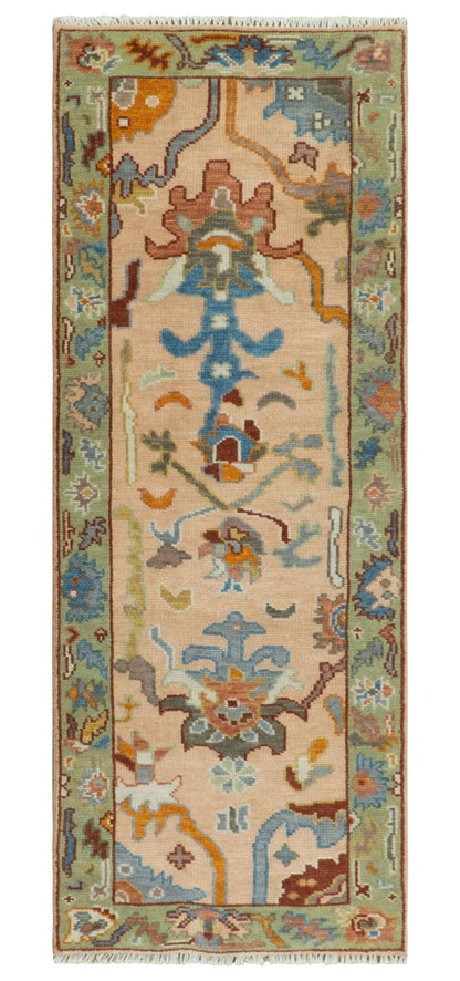Custom Made Colorful Peach and Green Hand knotted Oushak wool Area Rug.