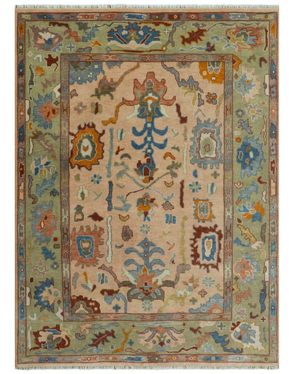 Custom Made Colorful Peach and Green Hand knotted Oushak wool Area Rug.