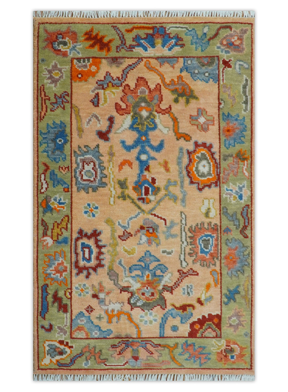 Custom Made Colorful Peach and Green Hand knotted Oushak wool Area Rug.