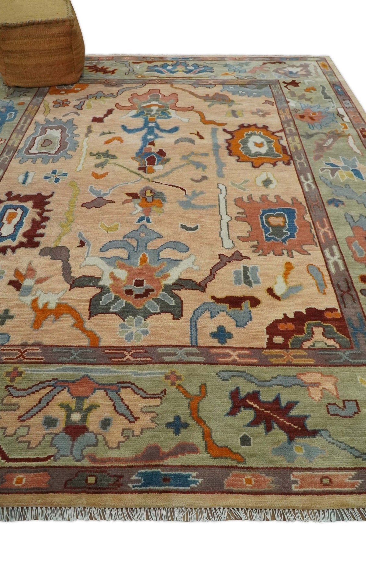 Custom Made Colorful Peach and Green Hand knotted Oushak wool Area Rug.