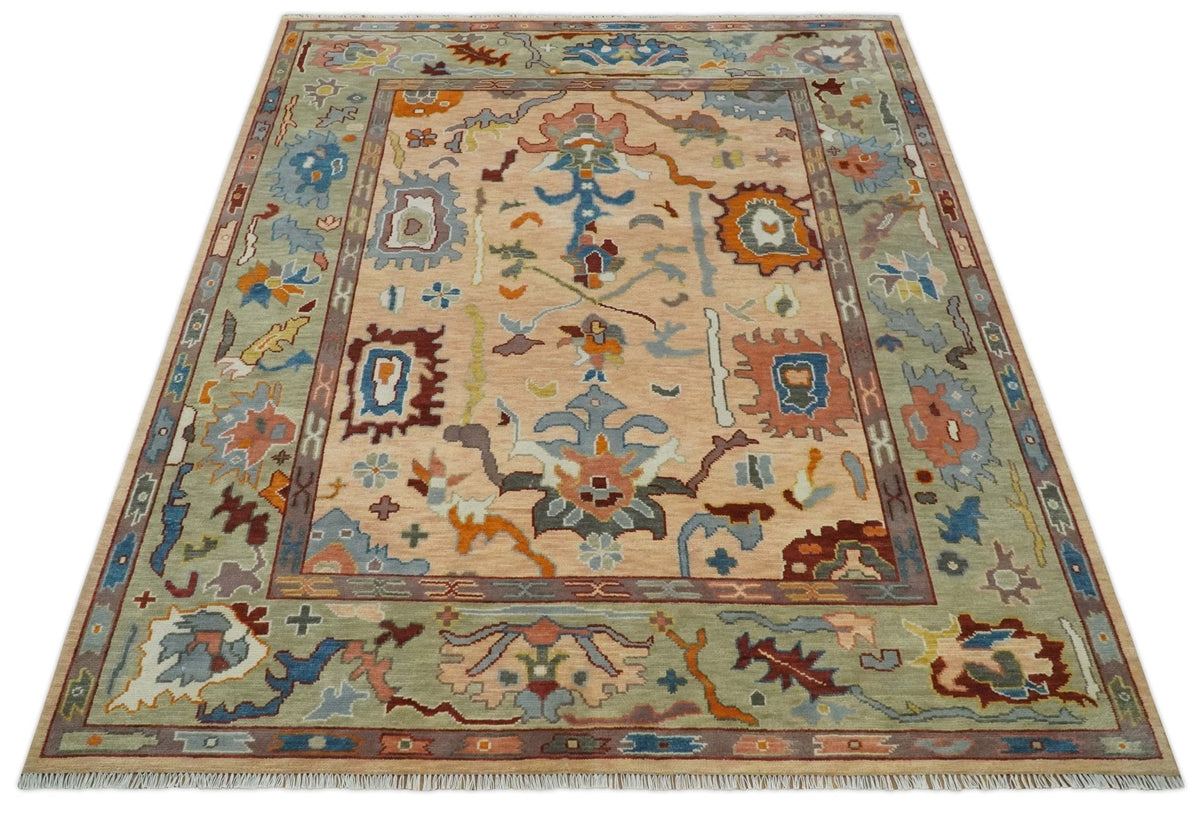Custom Made Colorful Peach and Green Hand knotted Oushak wool Area Rug.