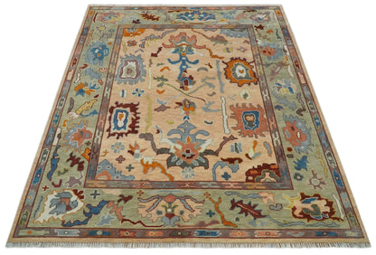 Custom Made Colorful Peach and Green Hand knotted Oushak wool Area Rug.