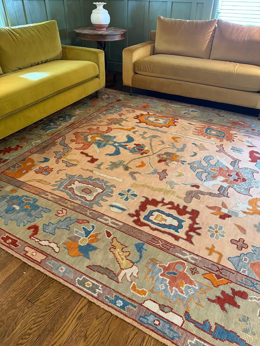 Custom Made Colorful Peach and Green Hand knotted Oushak wool Area Rug.