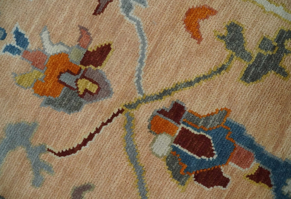 Custom Made Colorful Peach and Green Hand knotted Oushak wool Area Rug.