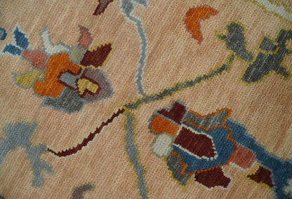 Custom Made Colorful Peach and Green Hand knotted Oushak wool Area Rug.