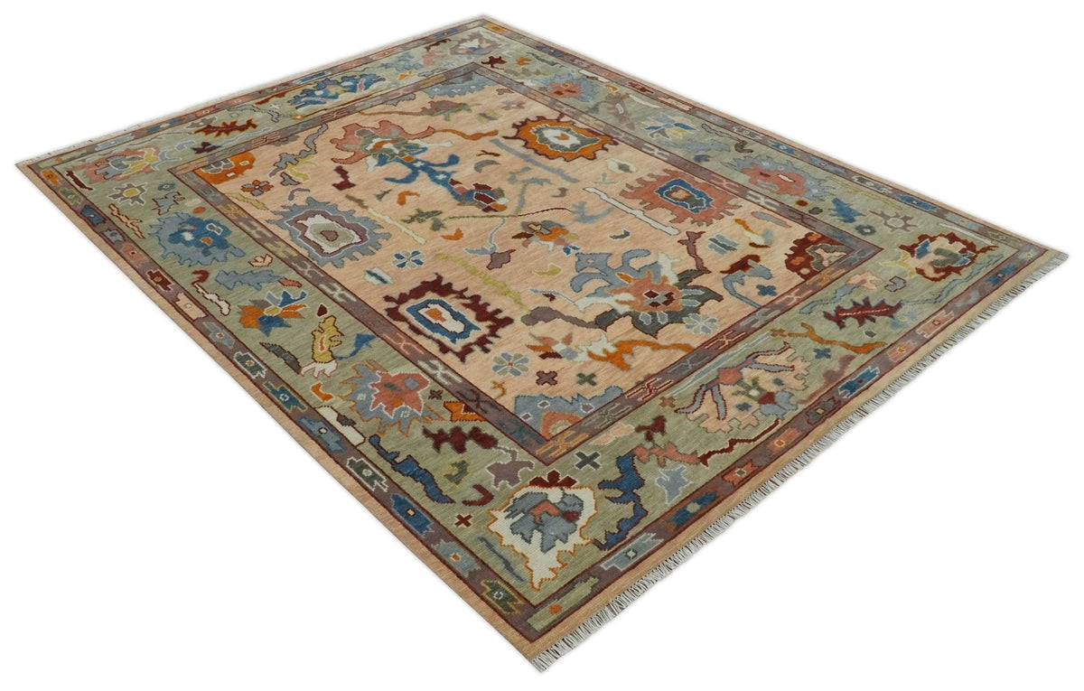 Custom Made Colorful Peach and Green Hand knotted Oushak wool Area Rug.