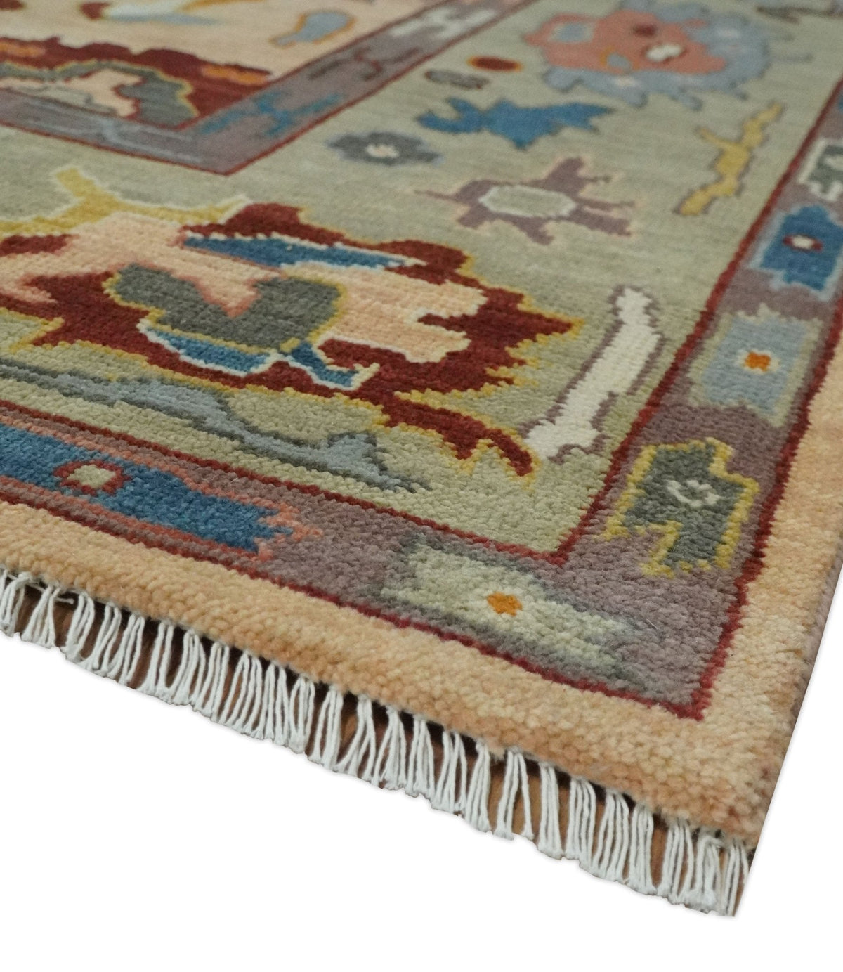 Custom Made Colorful Peach and Green Hand knotted Oushak wool Area Rug.