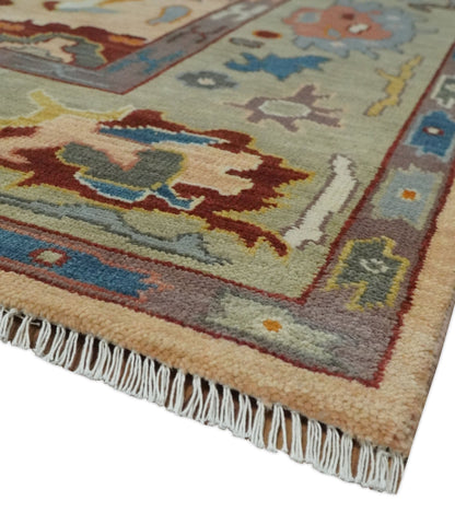 Custom Made Colorful Peach and Green Hand knotted Oushak wool Area Rug.