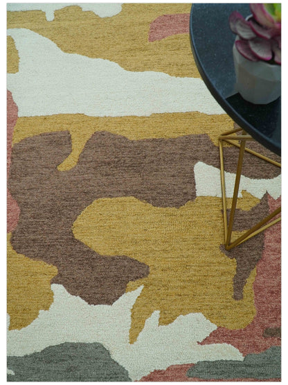 Custom Made Contemporary Abstract Ivory, Yellow And Rust Hand Tufted Wool Area Rug.
