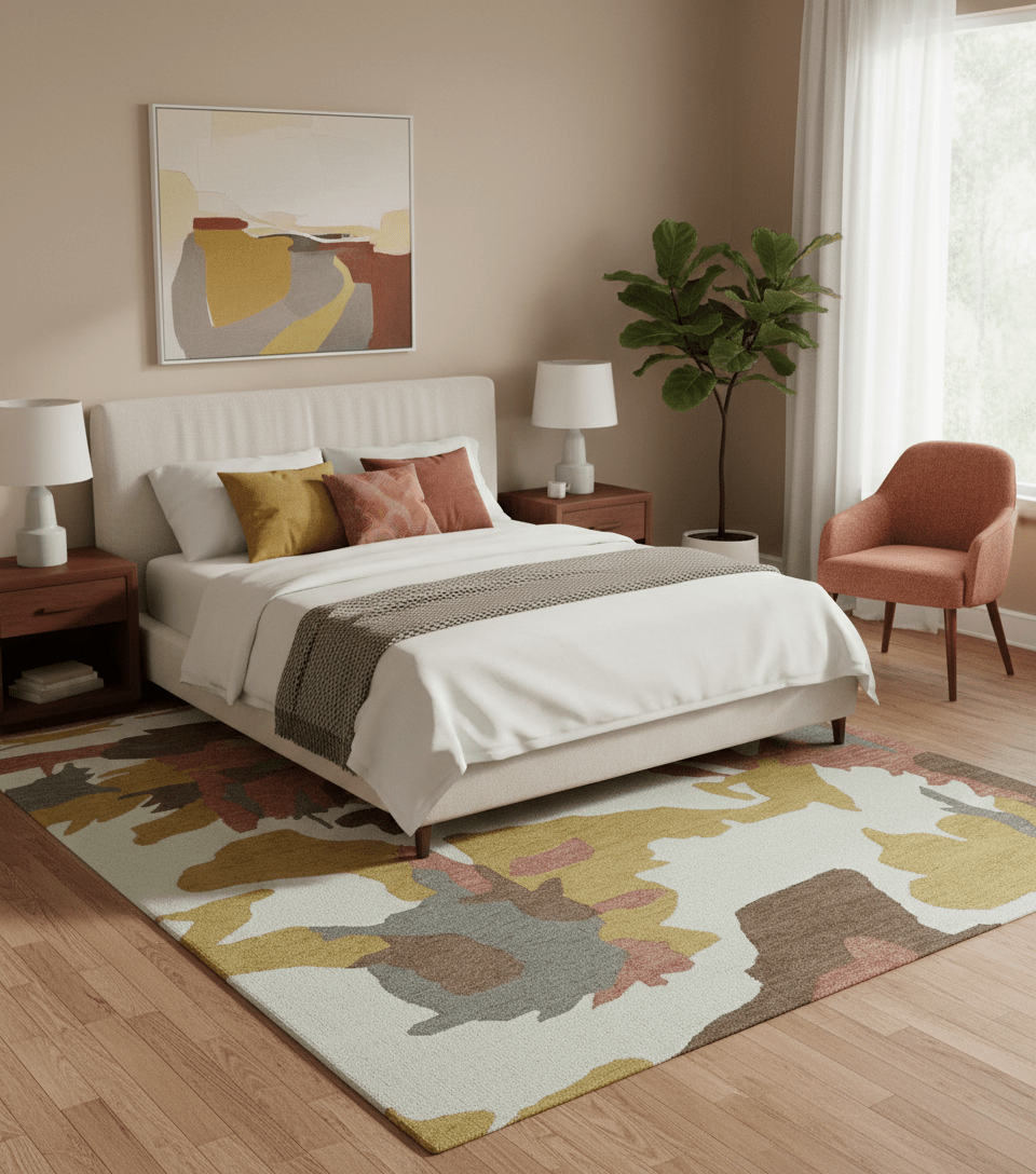 Custom Made Contemporary Abstract Ivory, Yellow And Rust Hand Tufted Wool Area Rug.