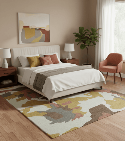 Custom Made Contemporary Abstract Ivory, Yellow And Rust Hand Tufted Wool Area Rug.