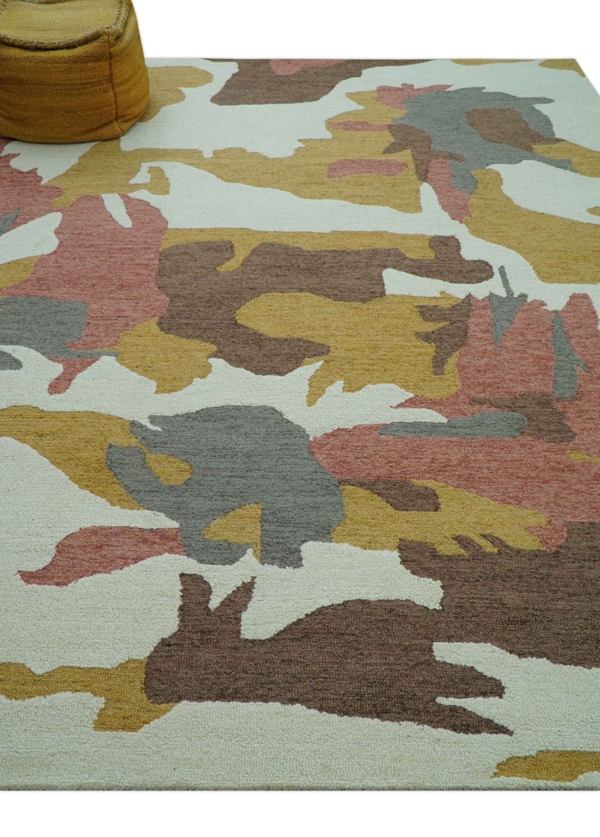 Custom Made Contemporary Abstract Ivory, Yellow And Rust Hand Tufted Wool Area Rug.