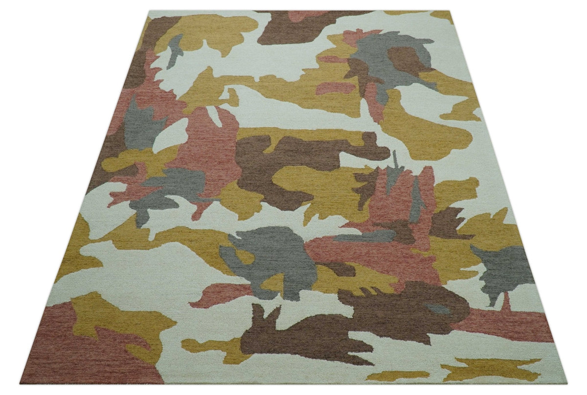 Custom Made Contemporary Abstract Ivory, Yellow And Rust Hand Tufted Wool Area Rug.