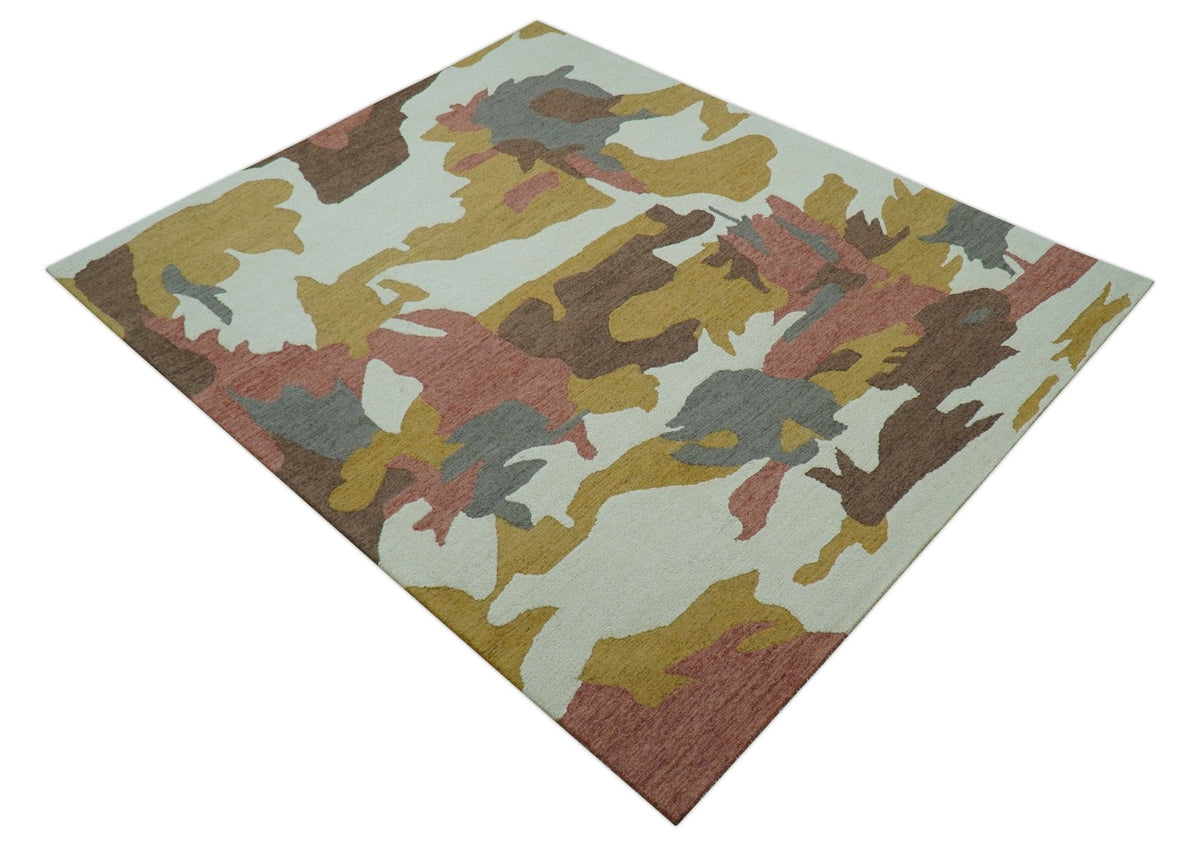 Custom Made Contemporary Abstract Ivory, Yellow And Rust Hand Tufted Wool Area Rug.