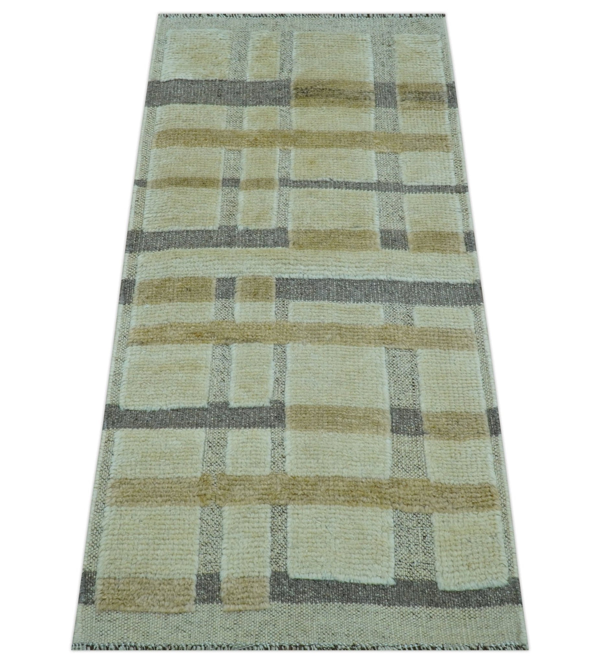 Custom Made Contemporary Design Beige And Gray Hand knotted wool Area Rug.