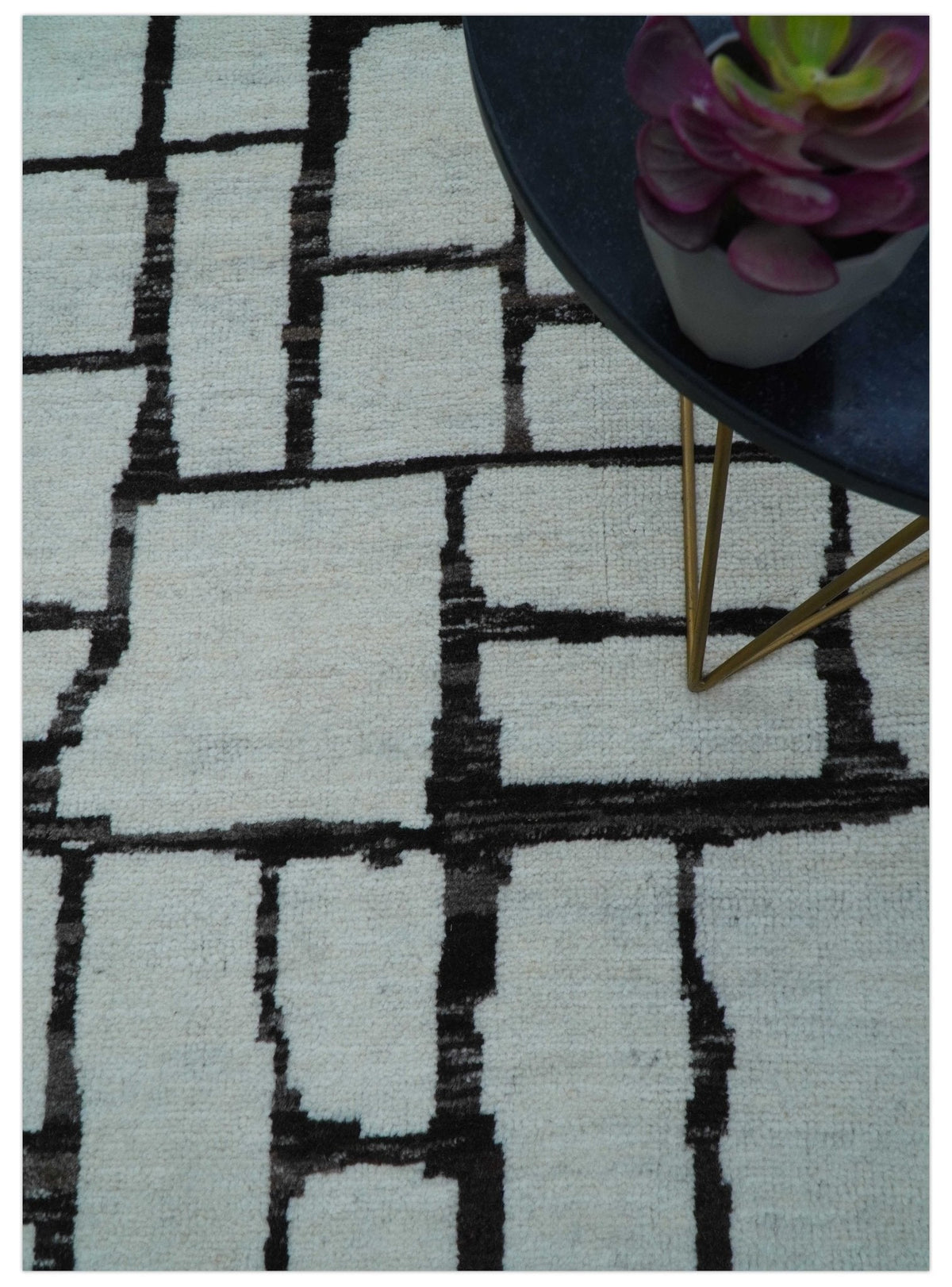 Custom Made Contemporary Ivory And Dark Brown Hand Knotted Wool Rug.