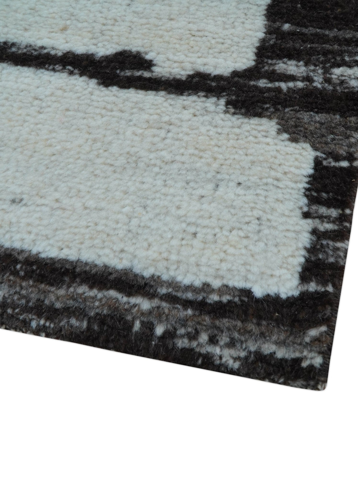 Custom Made Contemporary Ivory And Dark Brown Hand Knotted Wool Rug.