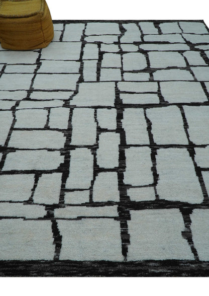 Custom Made Contemporary Ivory And Dark Brown Hand Knotted Wool Rug.