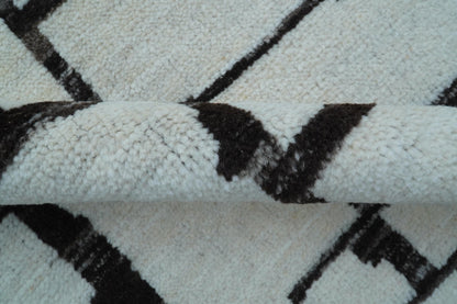 Custom Made Contemporary Ivory And Dark Brown Hand Knotted Wool Rug.
