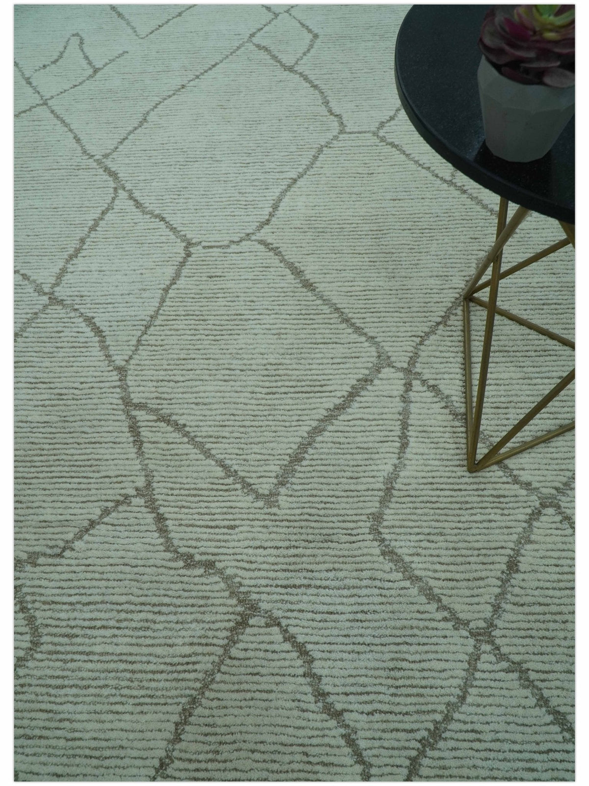 Custom Made Contemporary Pattern Brown And Ivory Hand Tufted Wool Area Rug.