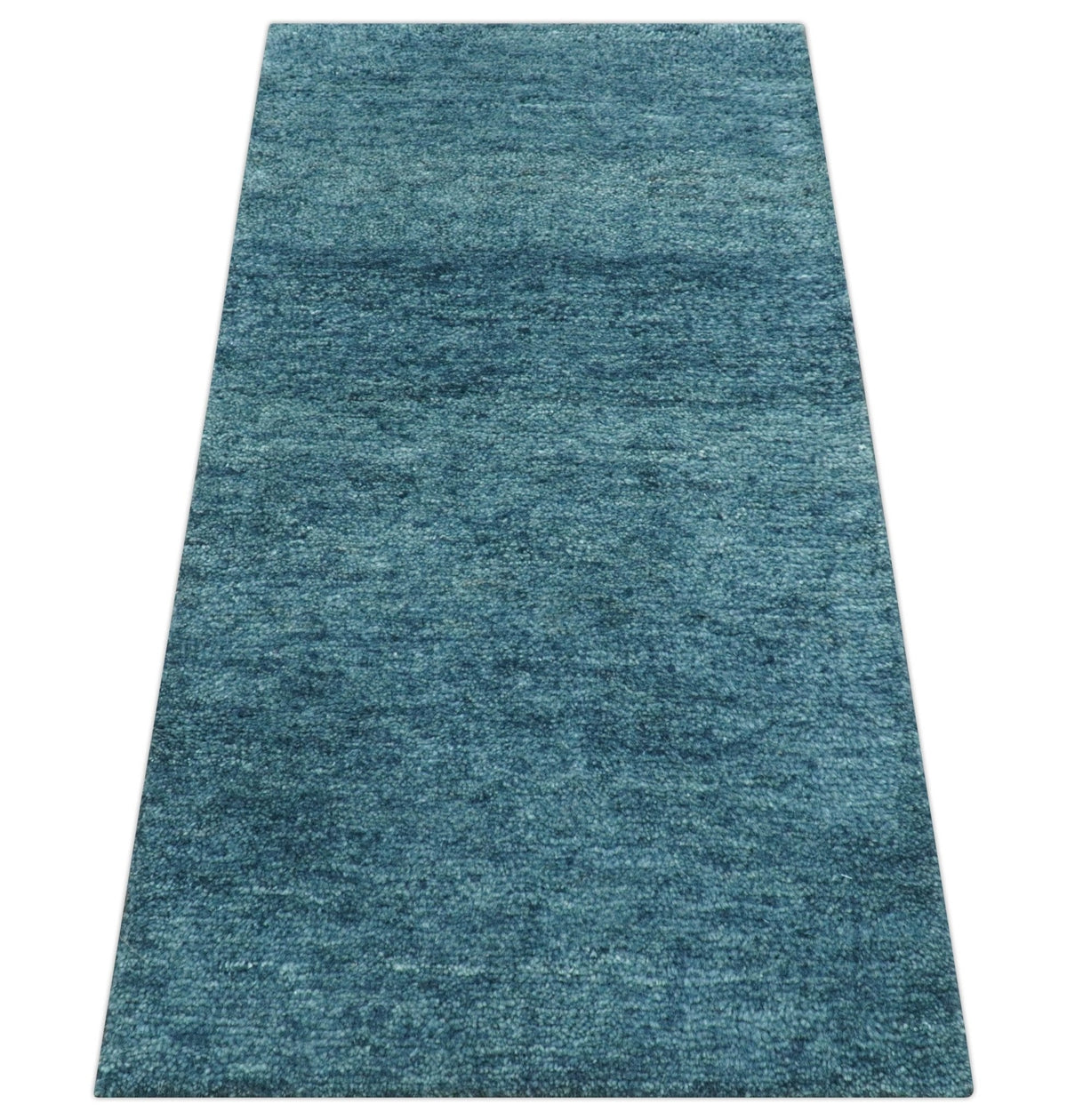Custom Made Contemporary Solid Plush Blue Hand Knotted Wool Rug.