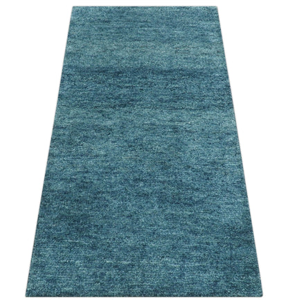 Custom Made Contemporary Solid Plush Blue Hand Knotted Wool Rug.