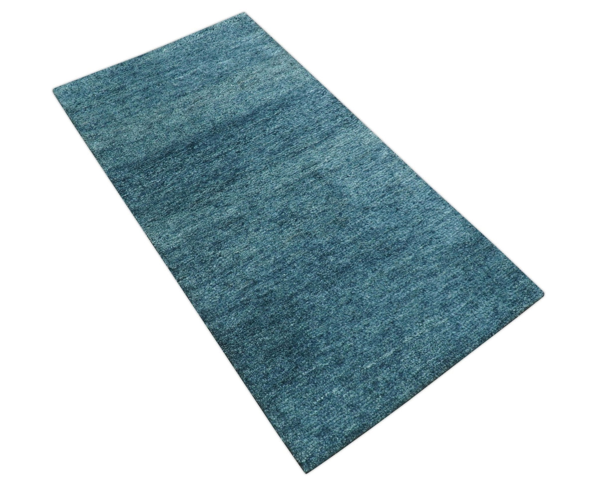 Custom Made Contemporary Solid Plush Blue Hand Knotted Wool Rug.