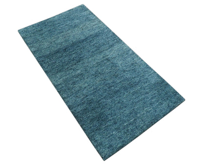 Custom Made Contemporary Solid Plush Blue Hand Knotted Wool Rug.