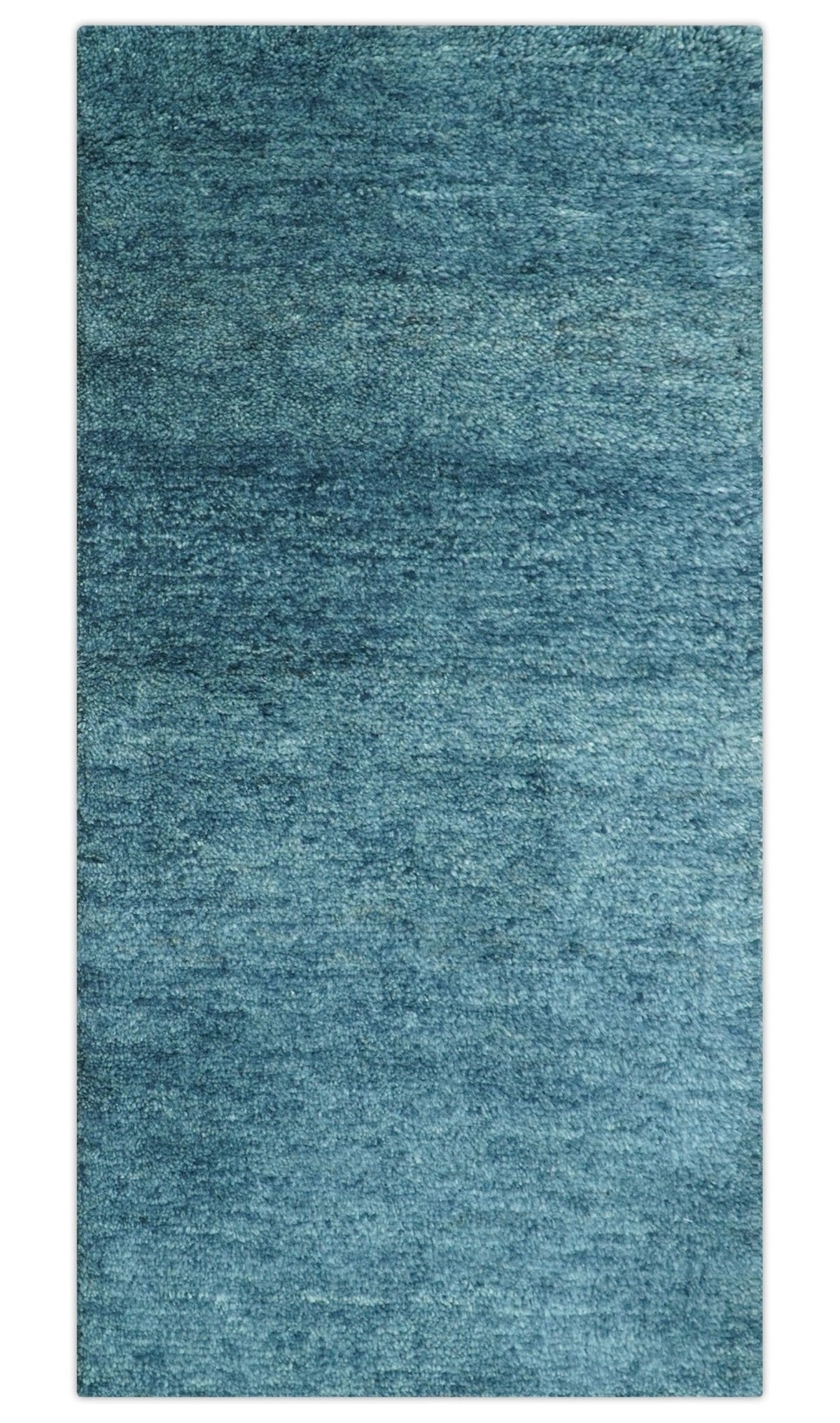 Custom Made Contemporary Solid Plush Blue Hand Knotted Wool Rug.