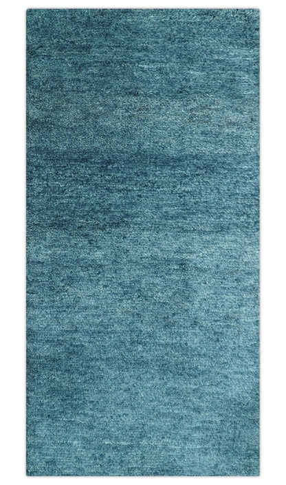 Custom Made Contemporary Solid Plush Blue Hand Knotted Wool Rug.