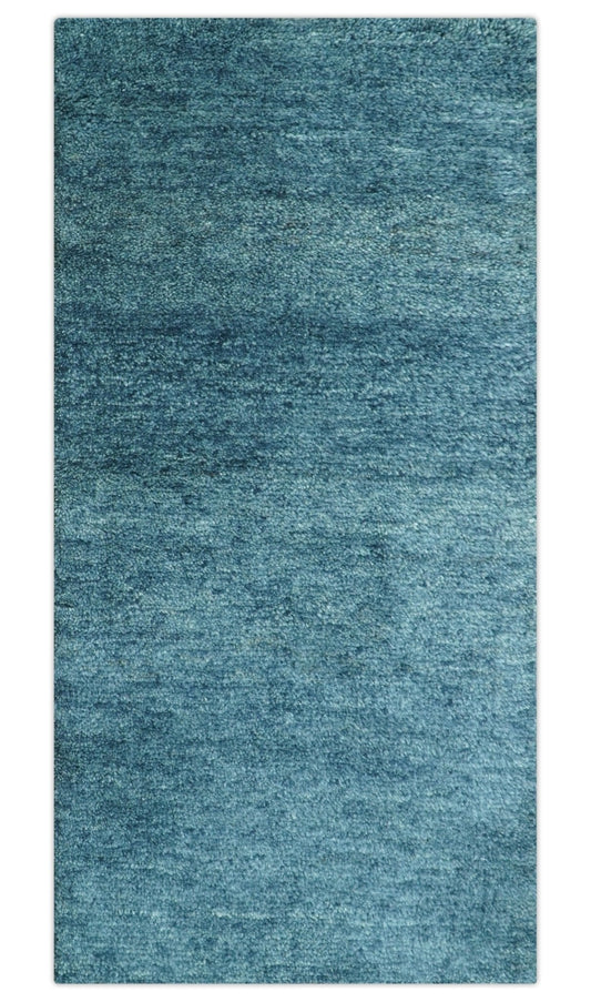 Custom Made Contemporary Solid Plush Blue Hand Knotted Wool Rug.